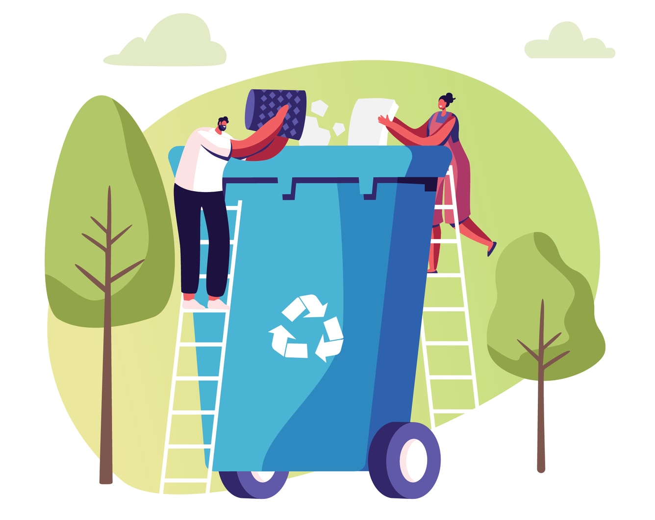 Illustration of man and woman putting rubbish in a recycling bin.