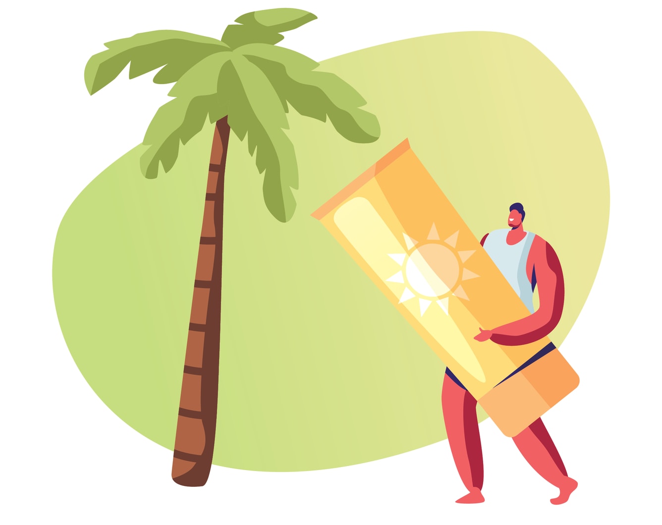 Illustration of many carrying a sunscreen bottle.