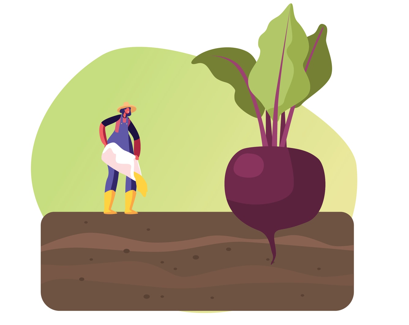 Ilustração de mulher em campo agrícola a despejar composto na terra.