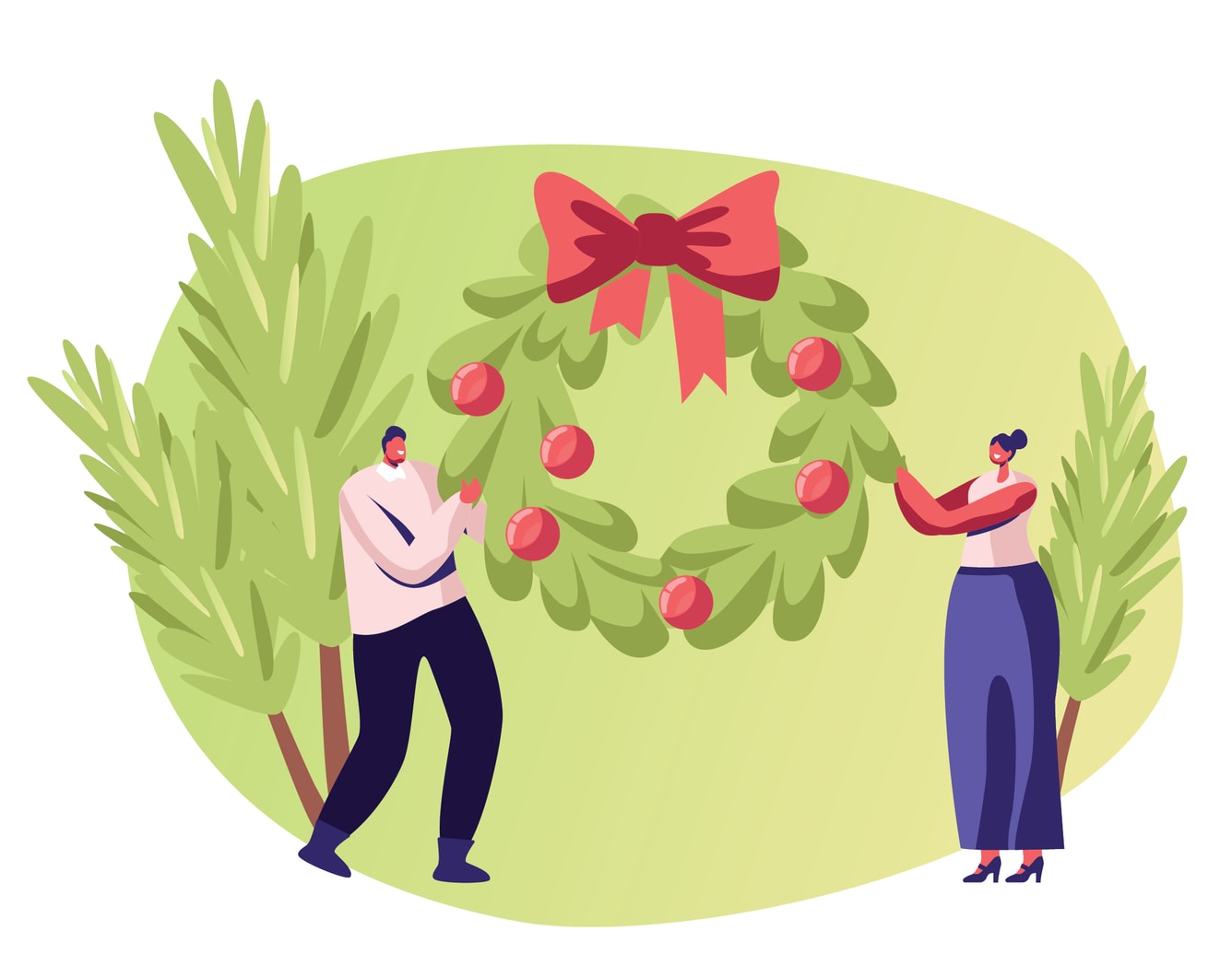 Ilustração de homem e mulher segurando coroa de Natal.