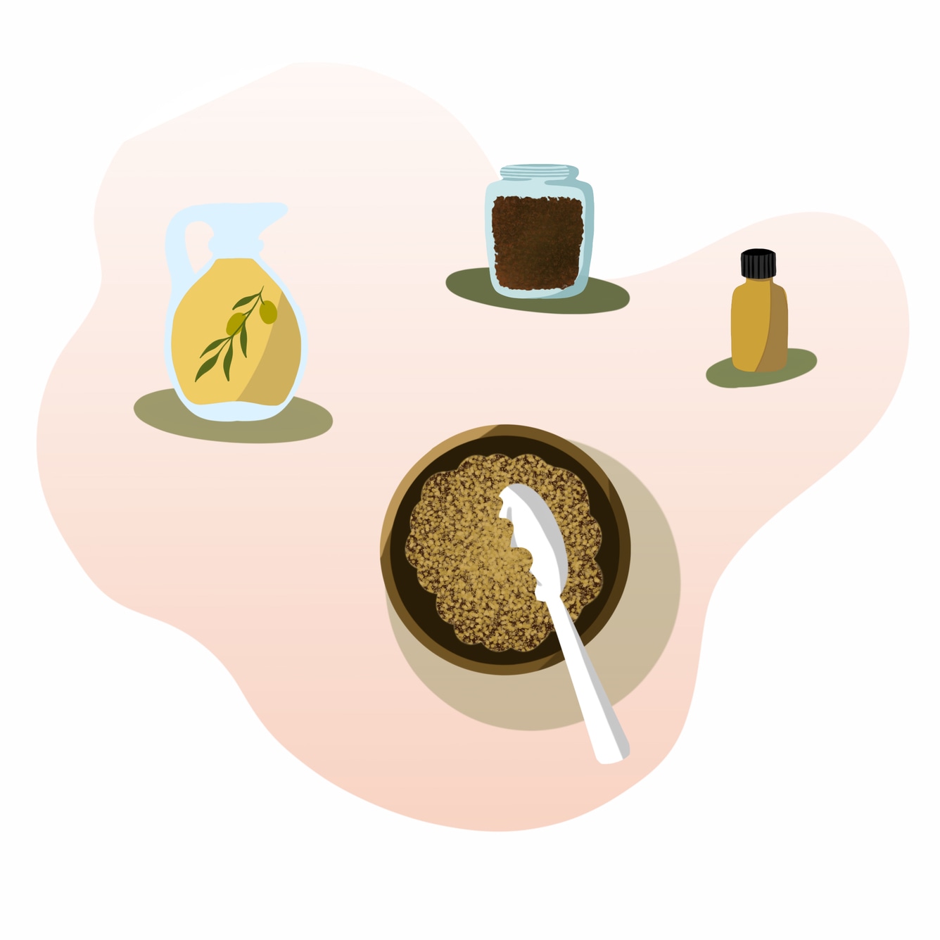 Illustration of ingredients for coffee & olive oil homemade body scrub