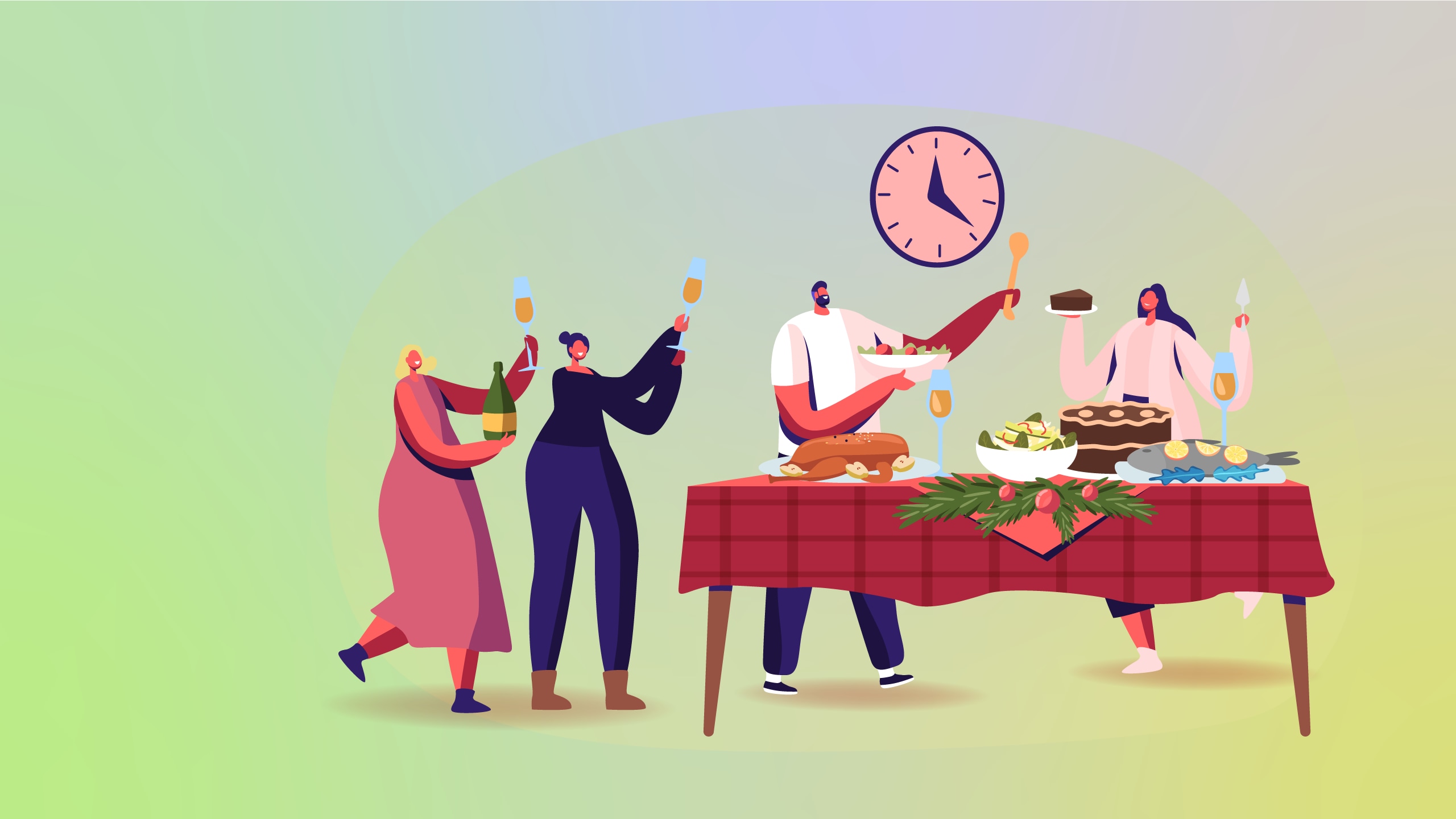 Ilustração de festa de passagem de ano, com pessoas a festejar junto a mesa com comida e bebidas e relógio de parede ao fundo.