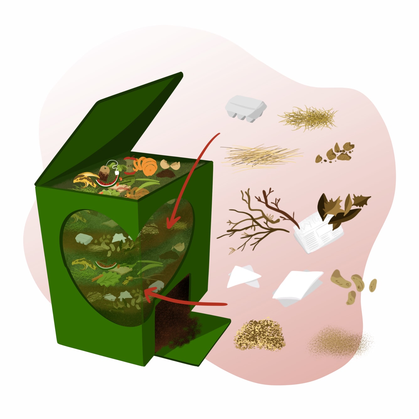 Ilustração de caixote de compostagem em casa com resíduos castanhos: papel, folhas e ramos secos.