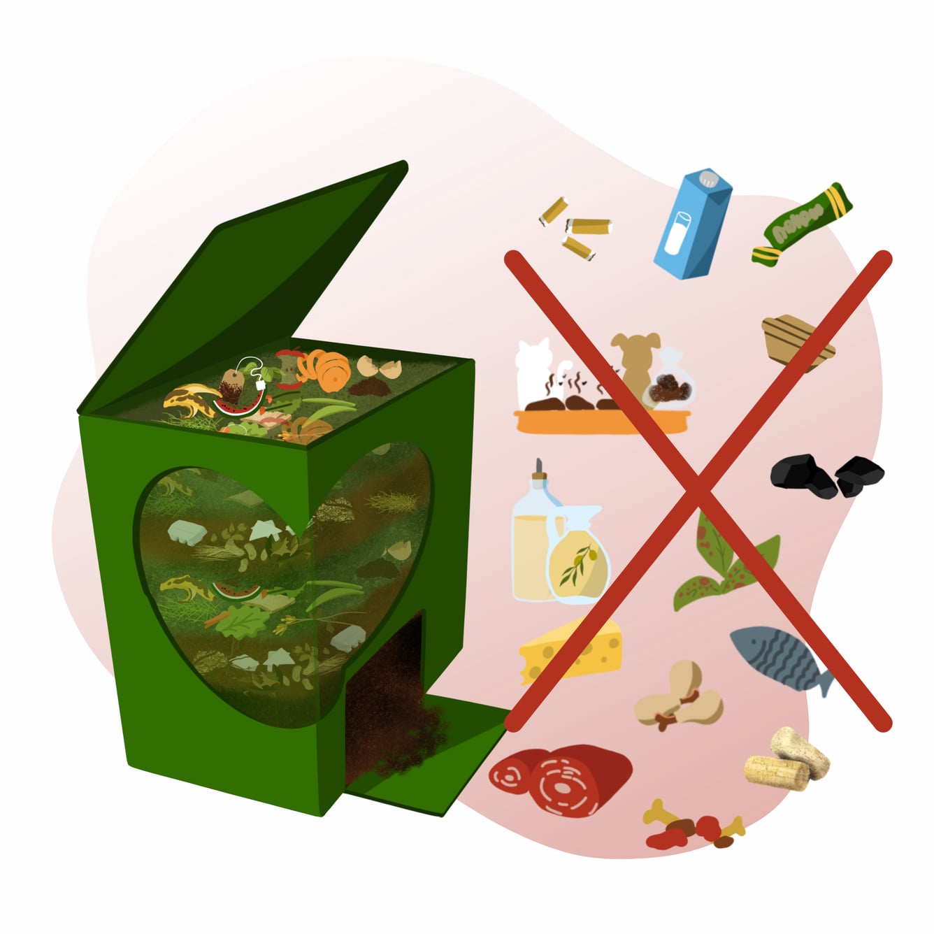 Illustration of a home compost bin indicating what not to put in: cigarette butts, packaging, animal feces, fats, meat and fish, leftover cooked food, cork.