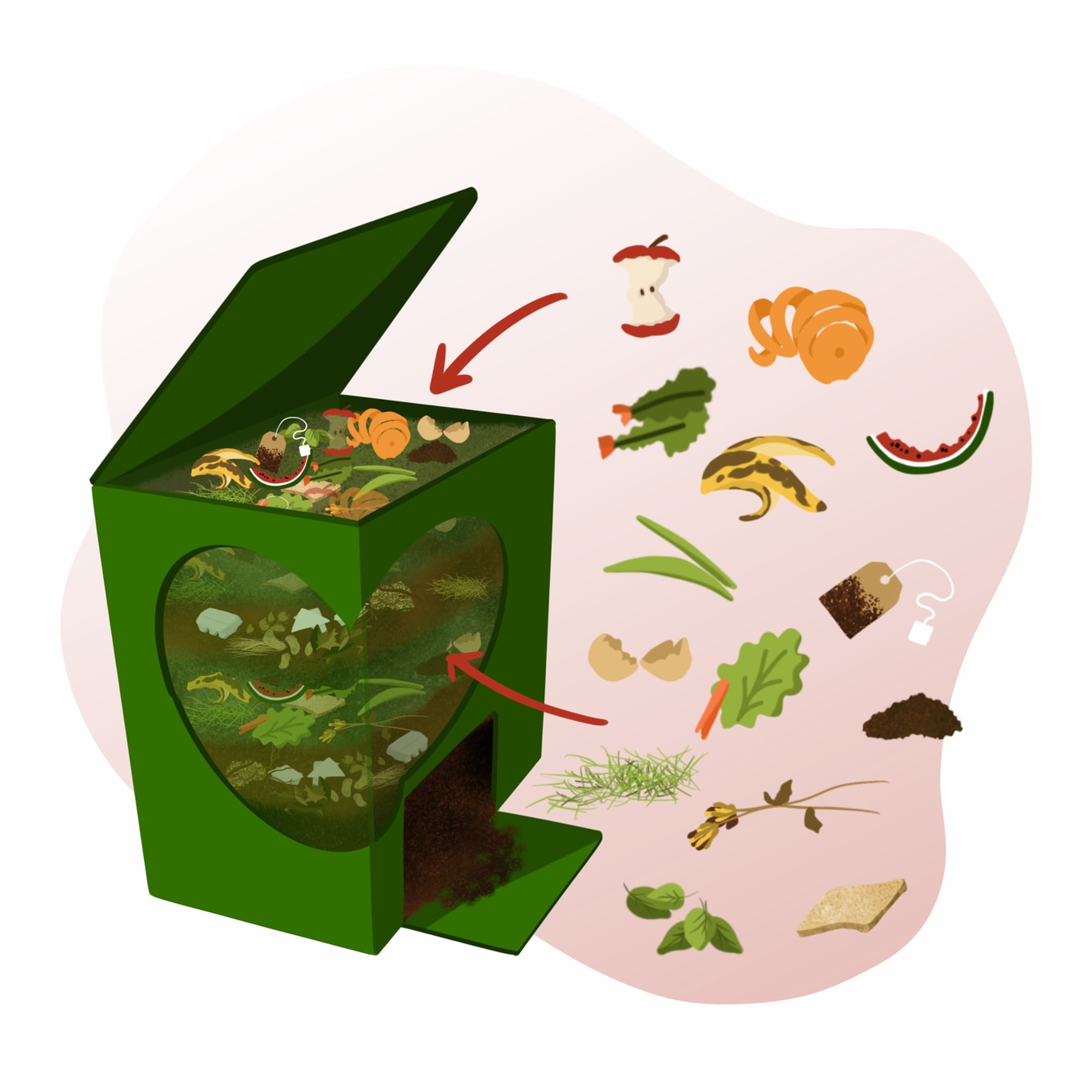 Illustration of home compost bin with green waste: fruit pits and peels, egg shells, tea bags, coffee grounds and leaves.