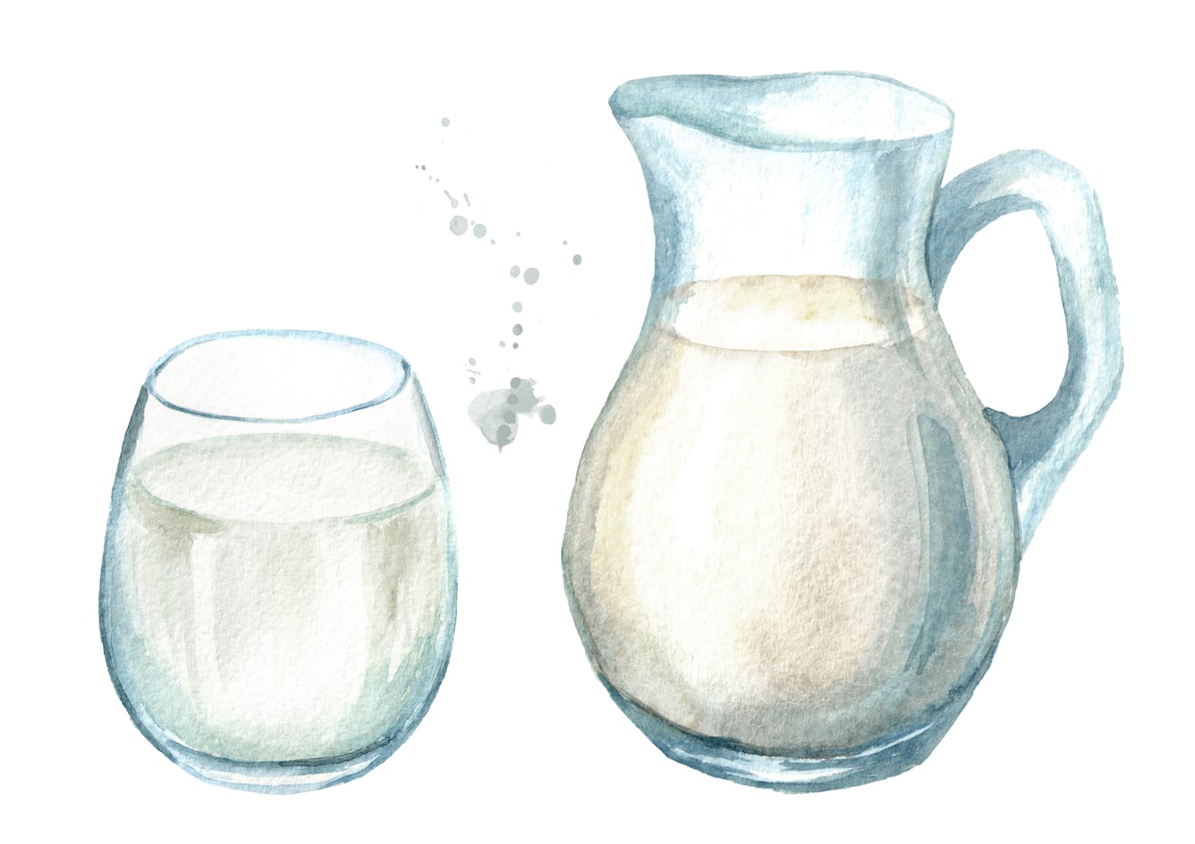 Illustration of glass and jar with milk.