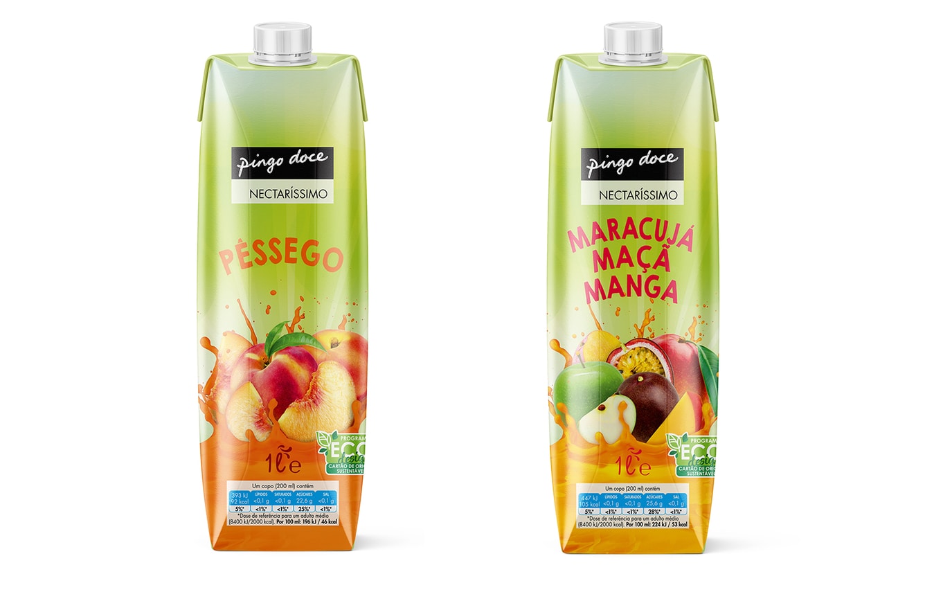 Two Pingo Doce juice cartons: peach; passion fruit, apple and mango.