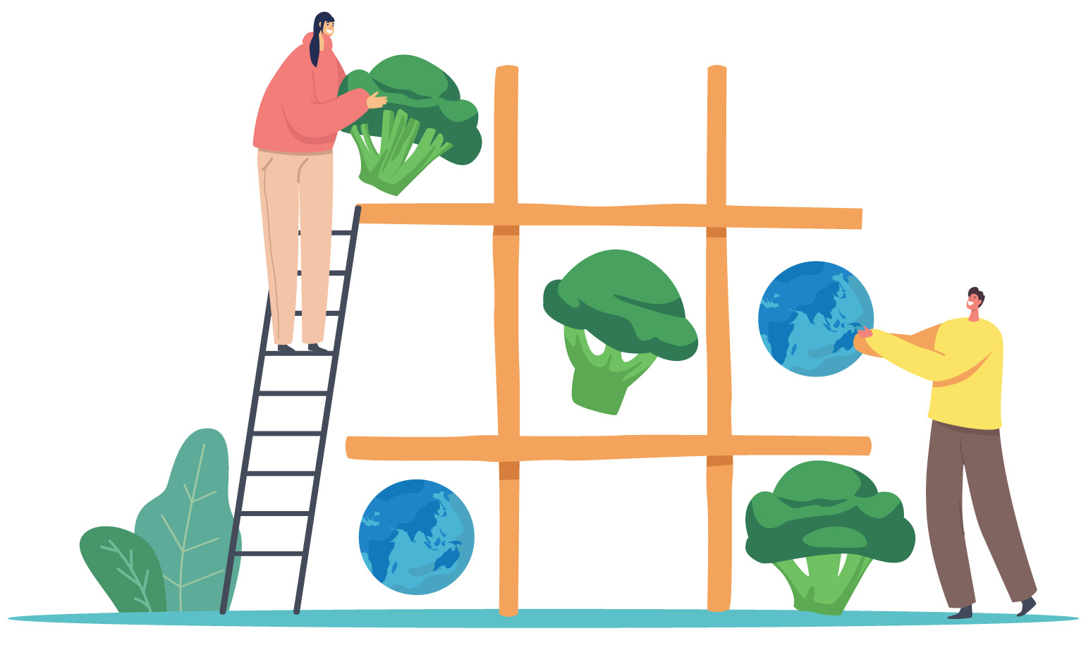 Man and woman playing tic-tac-toe with broccoli and planets.