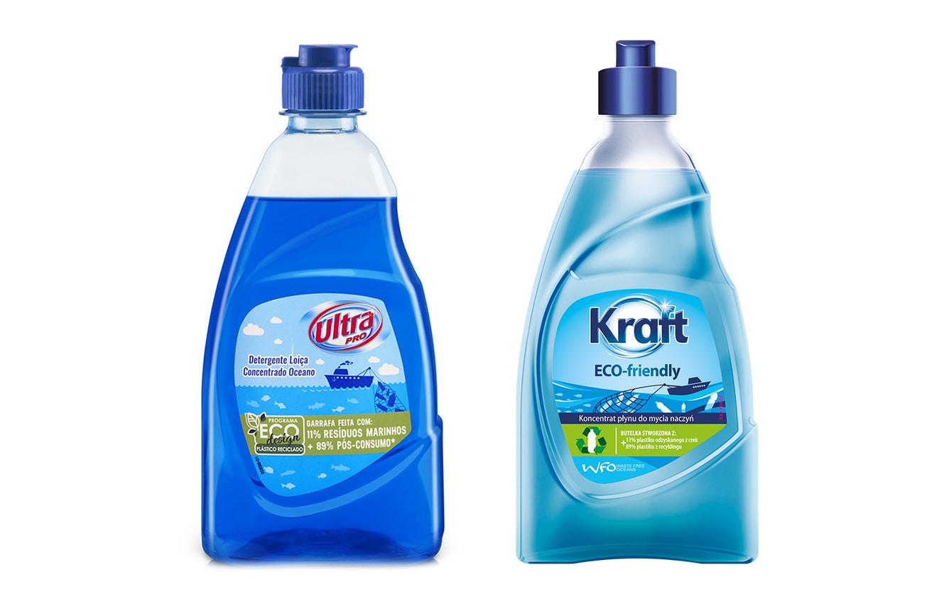 Two detergent bottles made of marine litter, from the private brands Ultra Pro and Kraft.