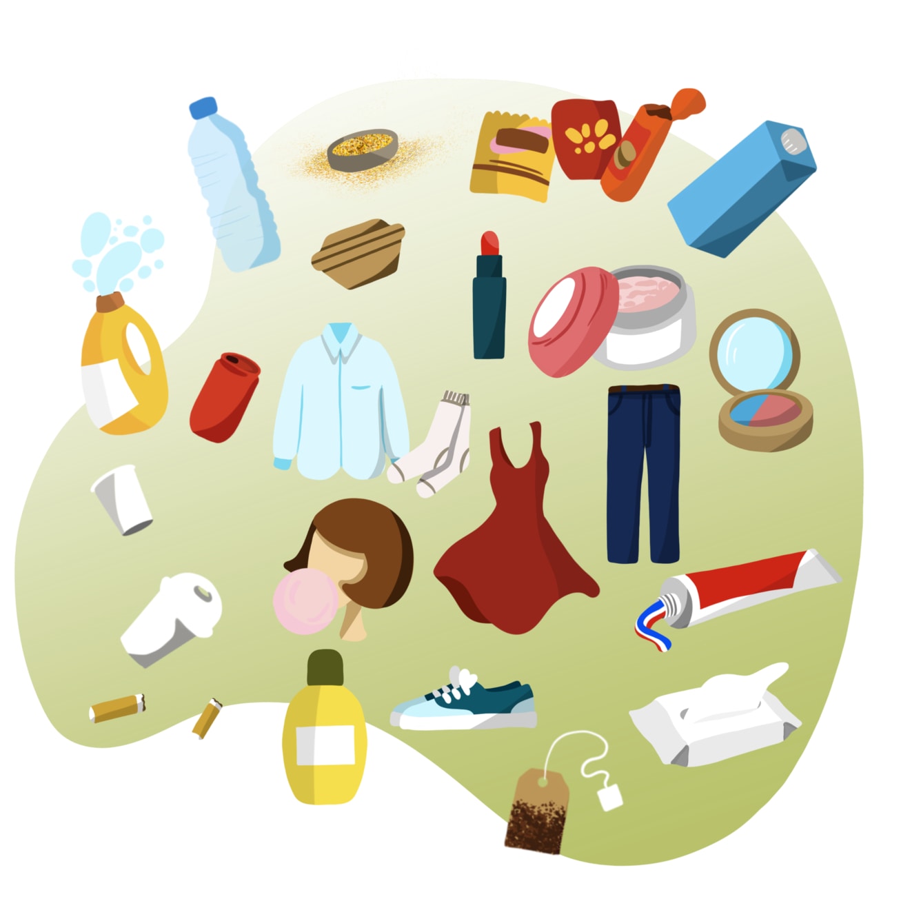 Illustration of various products: plastic bottle, detergent, cups, clothes and shoes, toothpaste, makeup, exfoliants, cigarette butts.