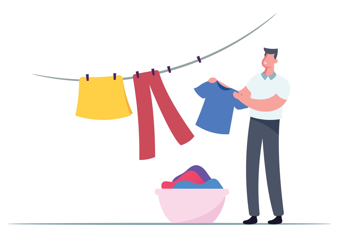 Illustration of men air-drying clothes.