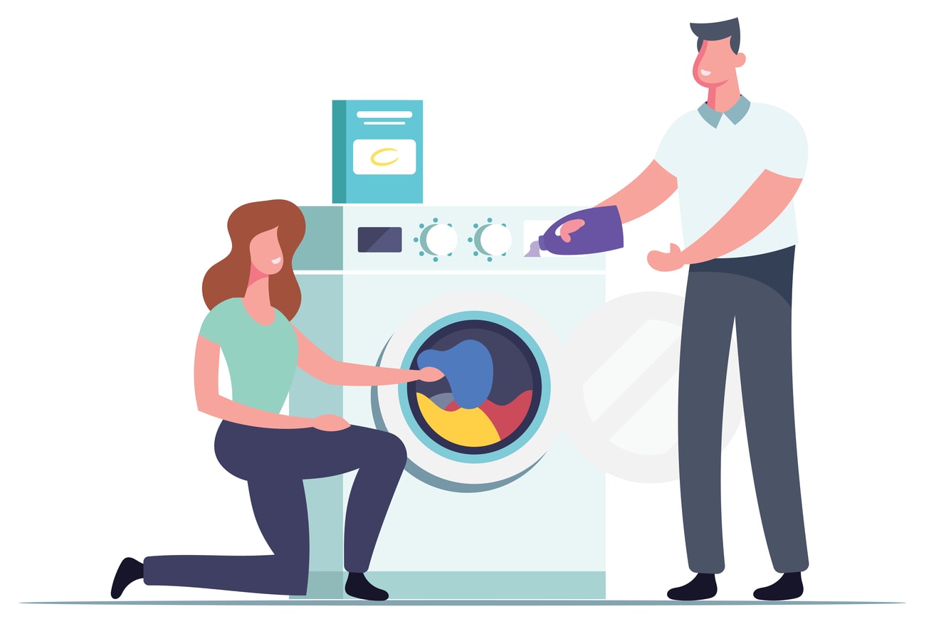 Illustration of woman and men doing laundry using a washing machine.