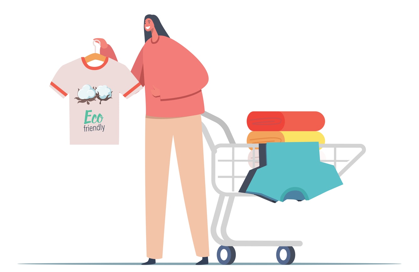 Illustration of woman with a shopping cart with clothes, holding a natural fibre shirt.