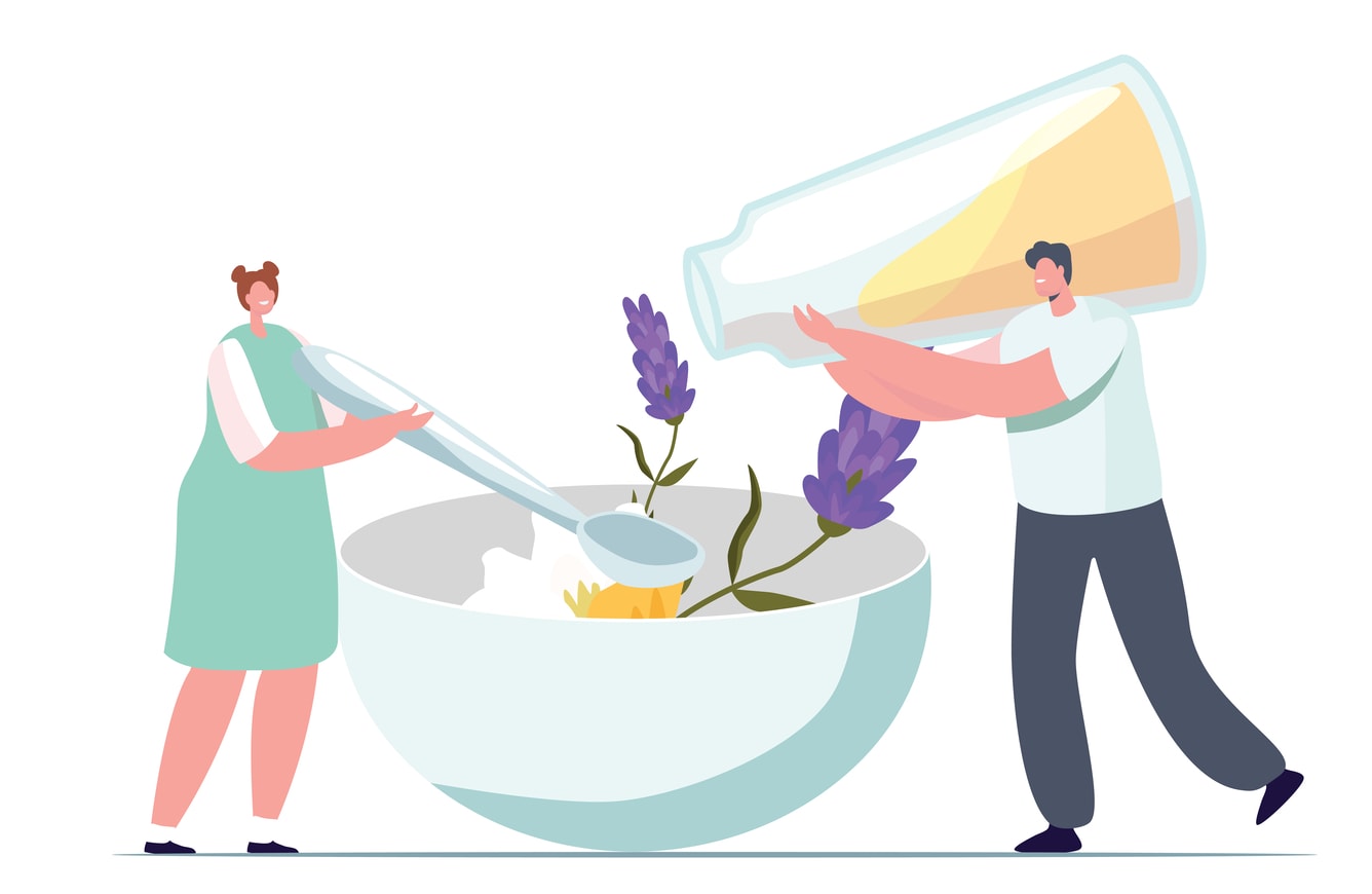 Illustration of man and woman mixing ingredients in a bowl.