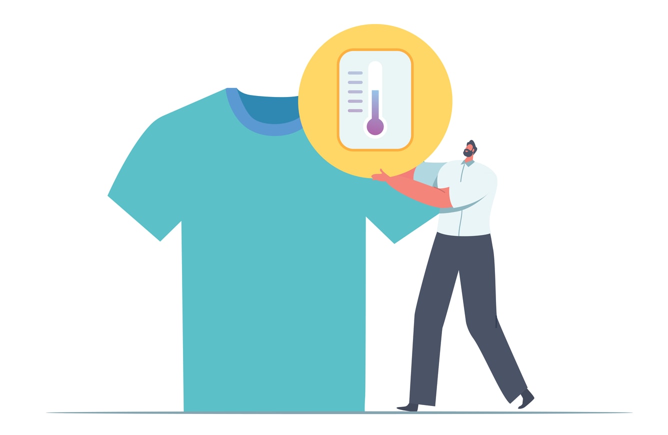 Illustration of men holding a shirt and a thermometer symbol.