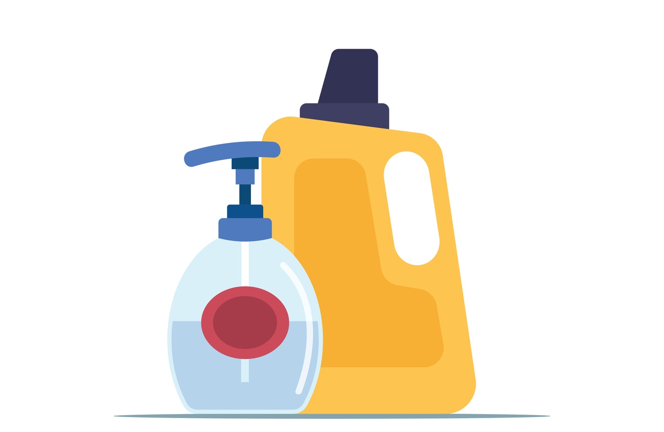 Illustration of concentrated detergent and softener bottles.