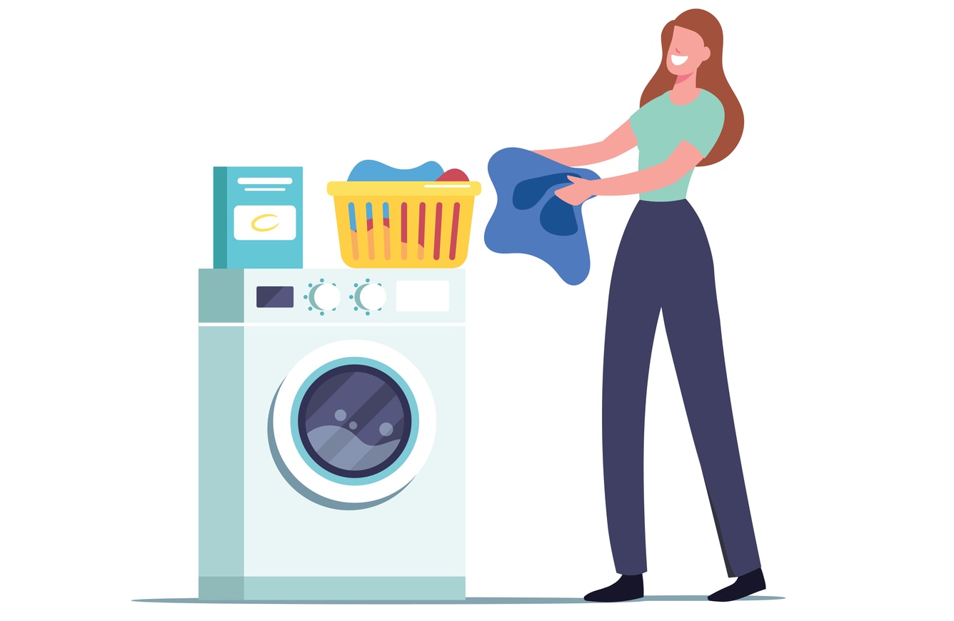 Illustration of woman doing laundry using a washing machine.