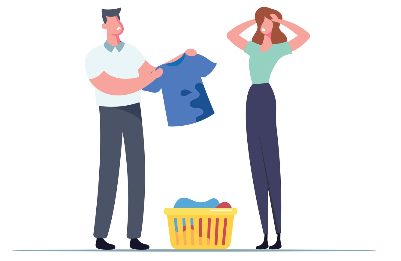 Illustration of men and woman with a basket of dirty clothes.