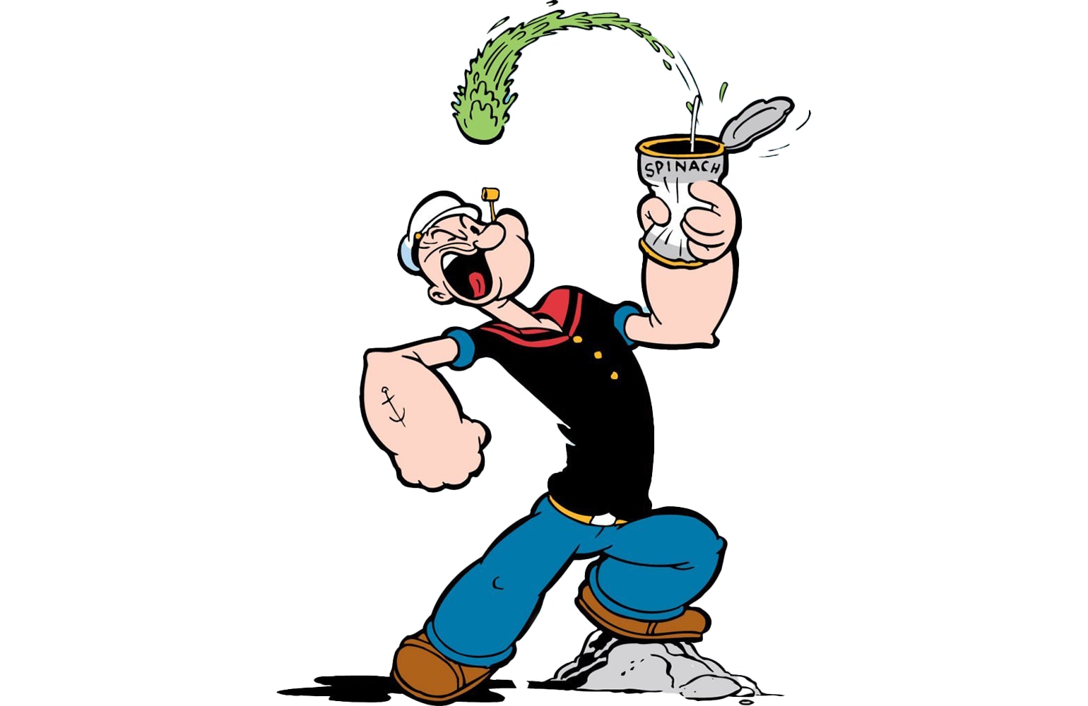 Ilustração de personagem Popeye a comer uma lata de espinafres.