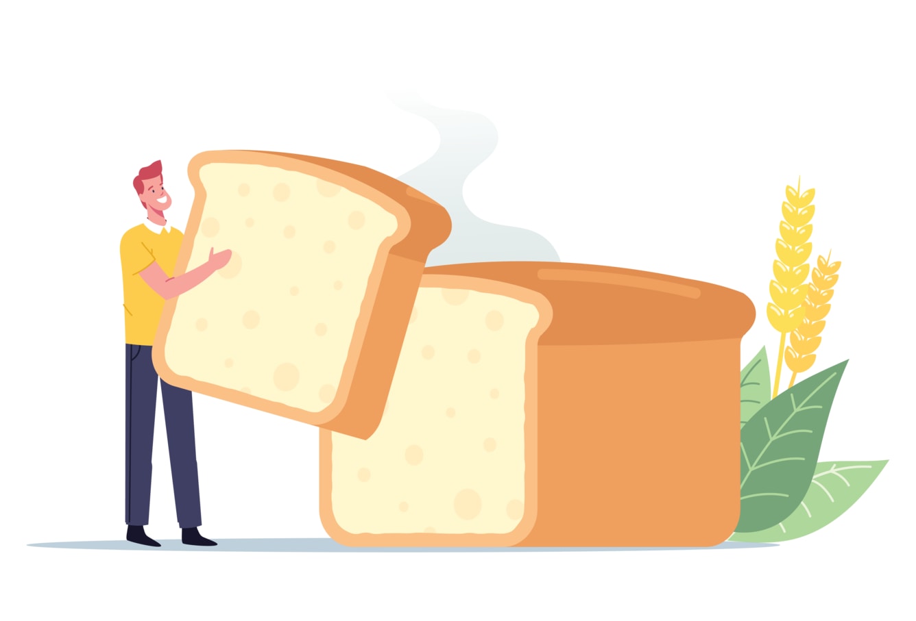 Illustration of man holding a bread slice.