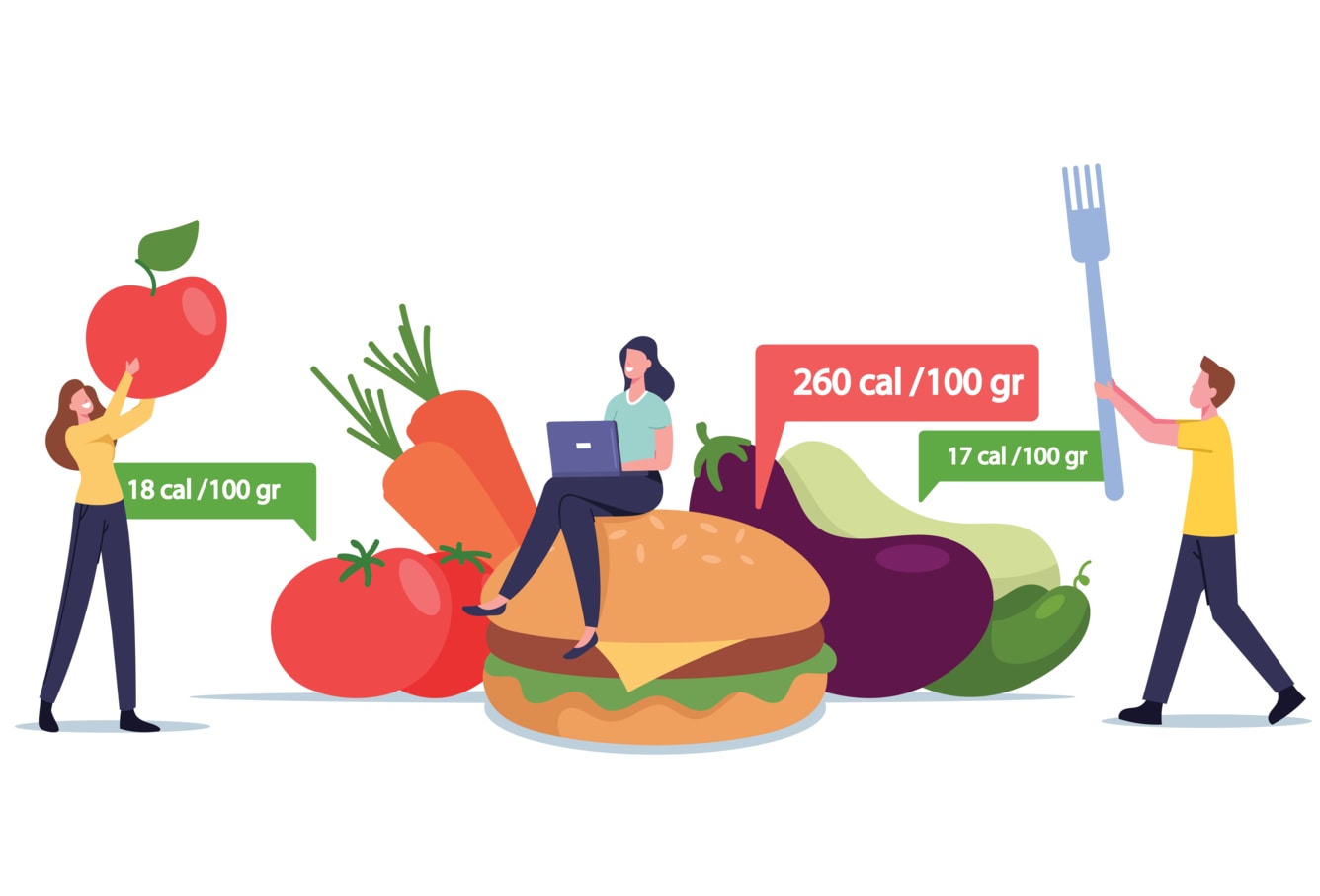 Ilustração de maçã, tomates, cenouras, hambúrguer, beringela, pepino e balões indicativos das calorias de alguns deles.