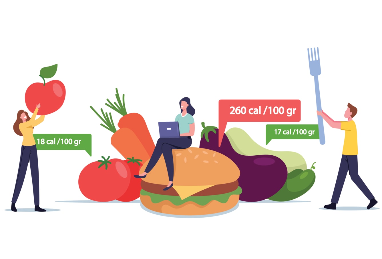 Illustration of different foods and its calories: tomato, carrots, burger, aubergine, cucumber.