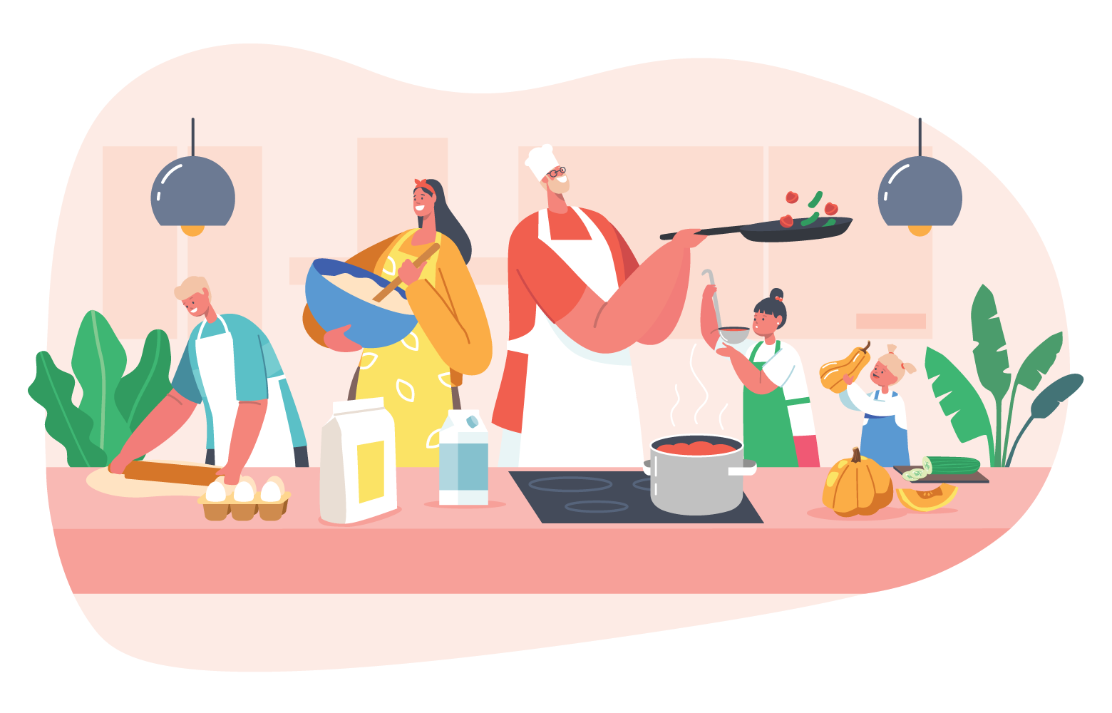 Illustration of a family (mother, father and three children) cooking together.