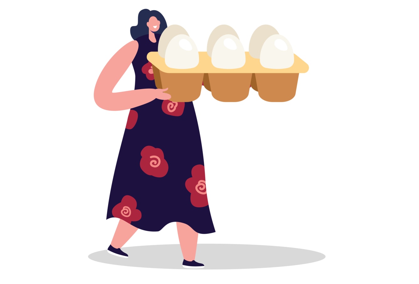 Ilustração de mulher segurando caixa com ovos.