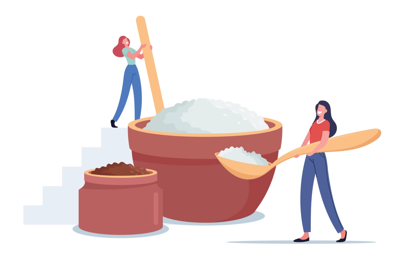 Illustration of two women taking salt out of a bowl, using spoons.