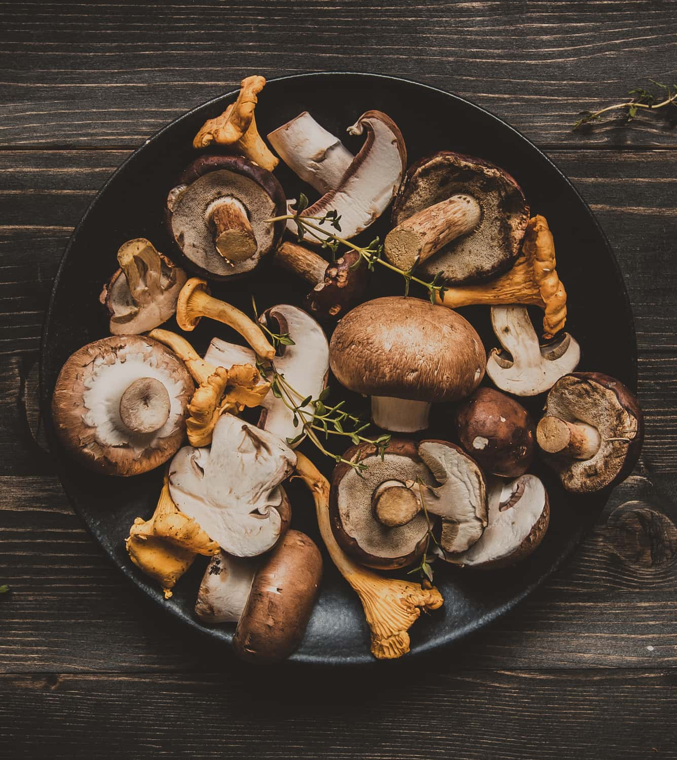 Plate with several fresh mushrooms on a wooden table.