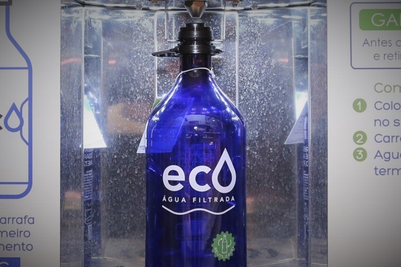 ECO reusable water bottle in a filling station.