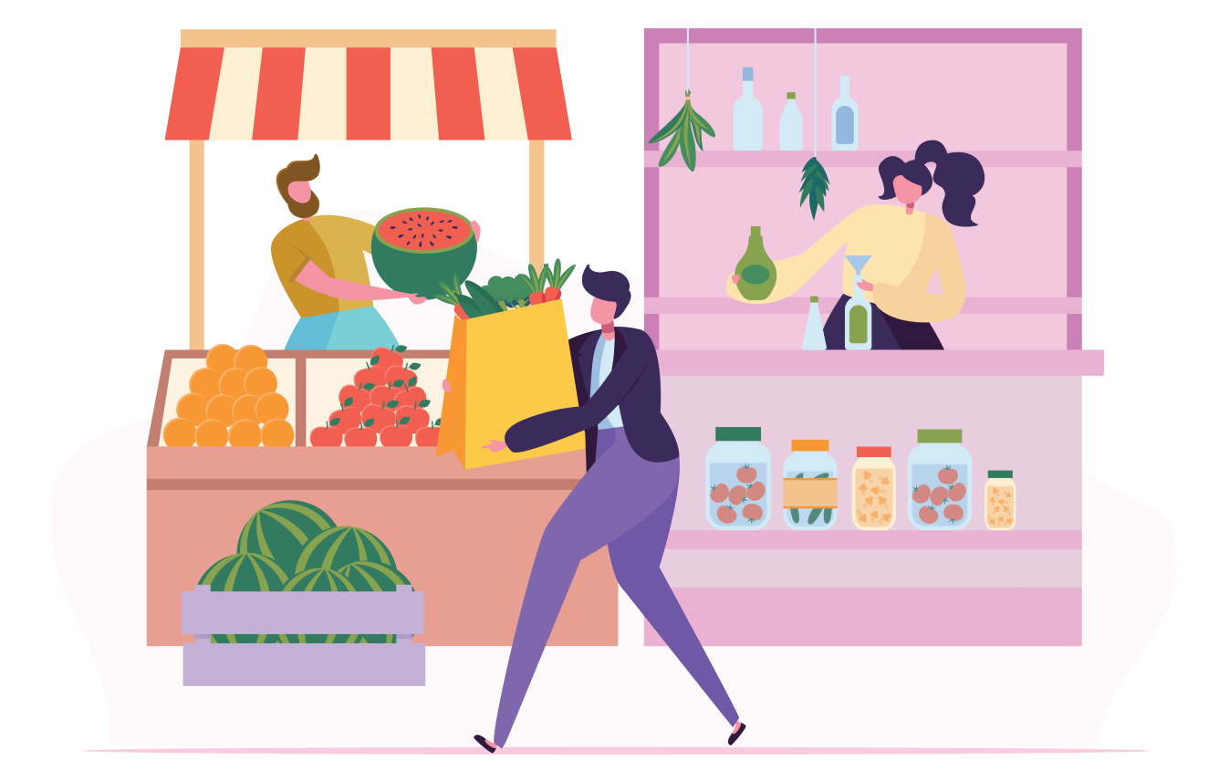 Illustration of a person carrying a bag with fruits and vegetables in a market.