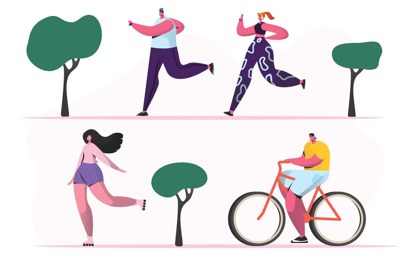 Illustration of several people running and riding bicycle.