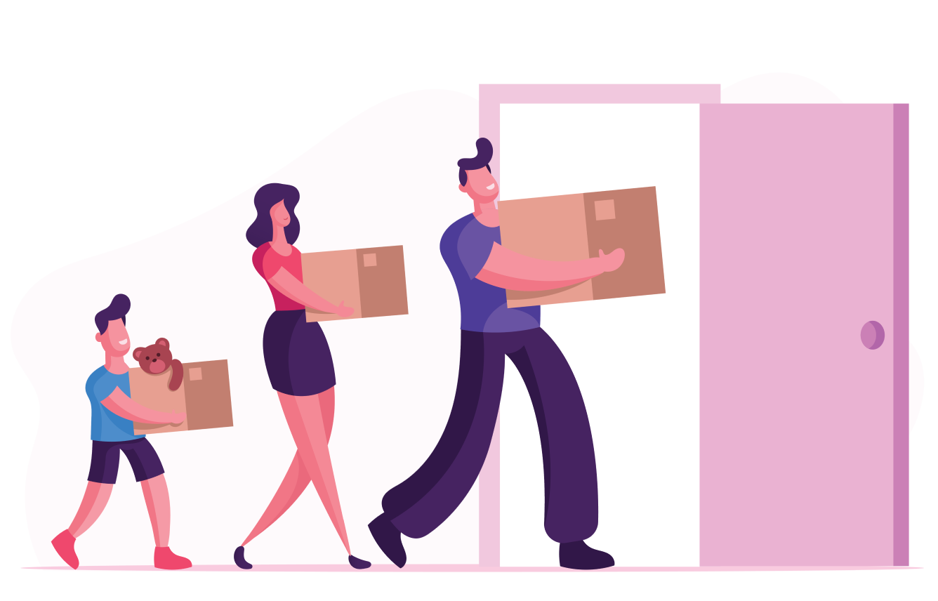 Illustration of a family (men, woman and child) carrying boxes.