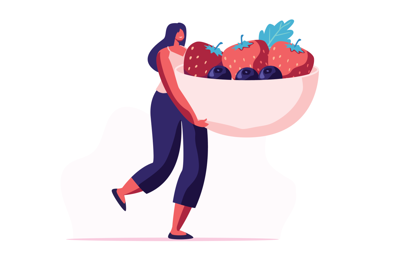 Ilustração de mulher segurando taça com várias frutas.