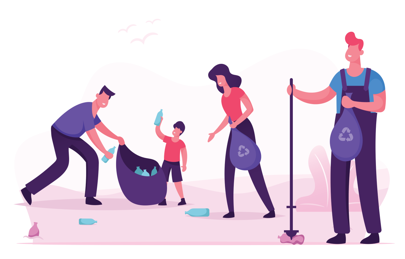 Illustration of three adults and a child picking up bottles in the beach and putting them in recycling bags.