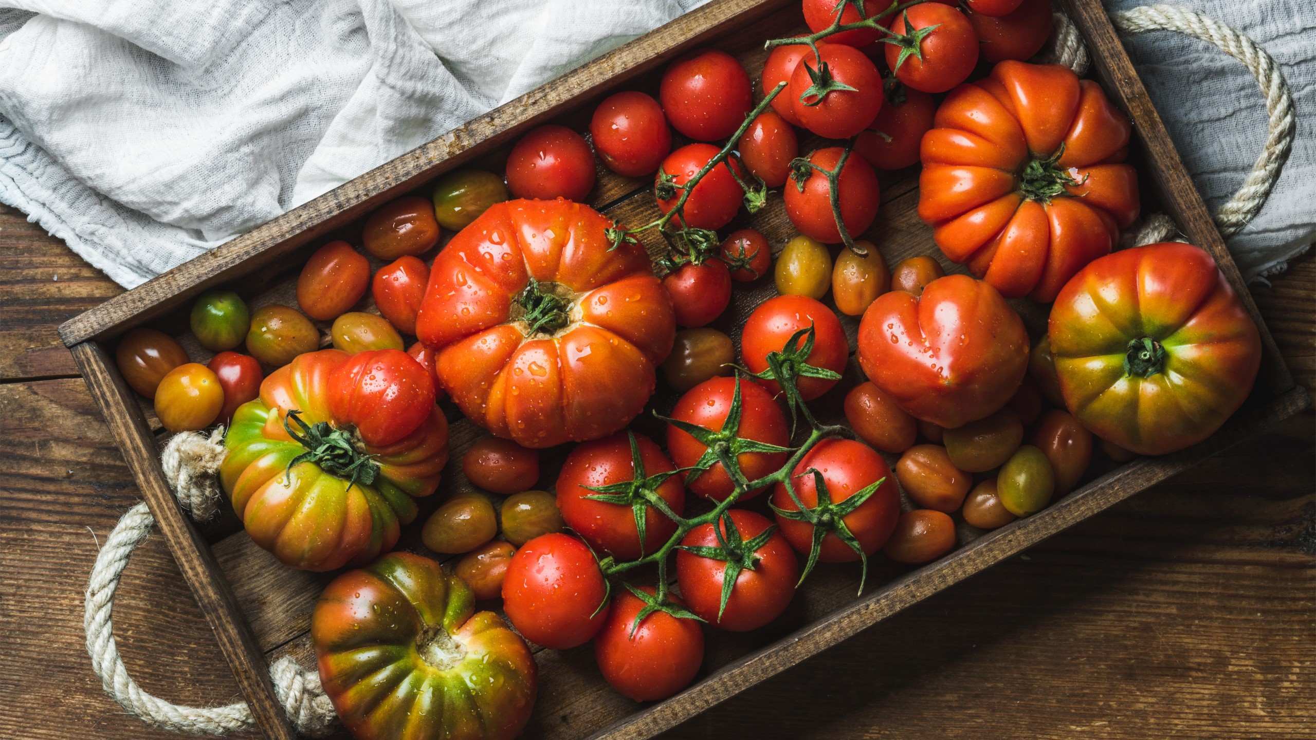 Wood tray with tomatoes of several types and shapes, over a kitchen cloth in a wooden table.