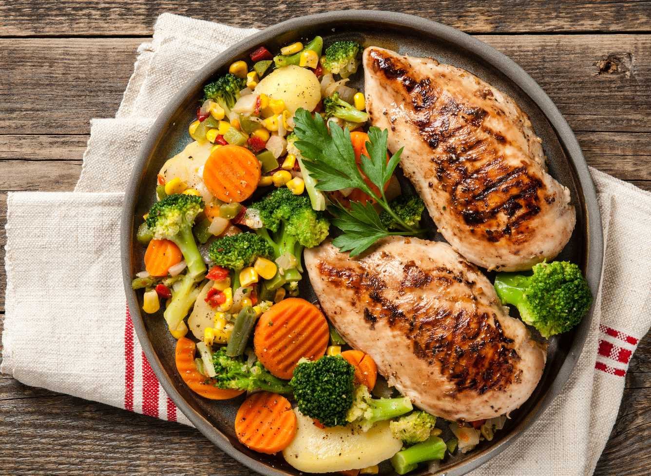 Two grilled chicken breasts in a plate, served with a mix of vegetables: broccoli, carrot, corn, green beans.