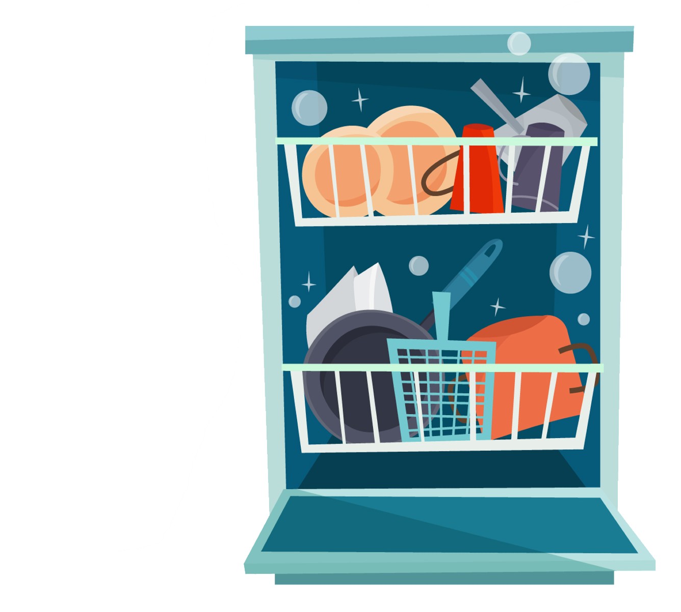 Illustration of a full dishwasher with the door open.