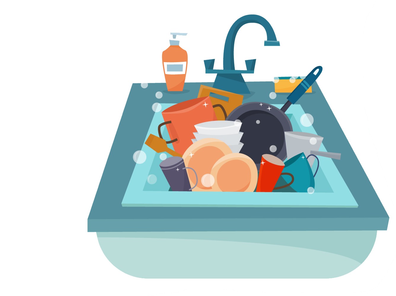 Illustration of a kitchen sink full of kitchenware and tableware.