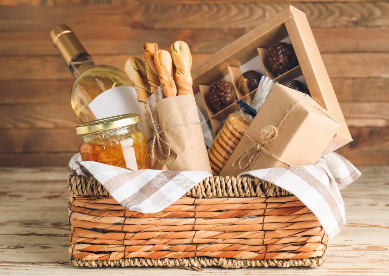 Rustic basket with a bottle of wine, a jam jar, bread sticks, a package of cookies and a box of chocolates.