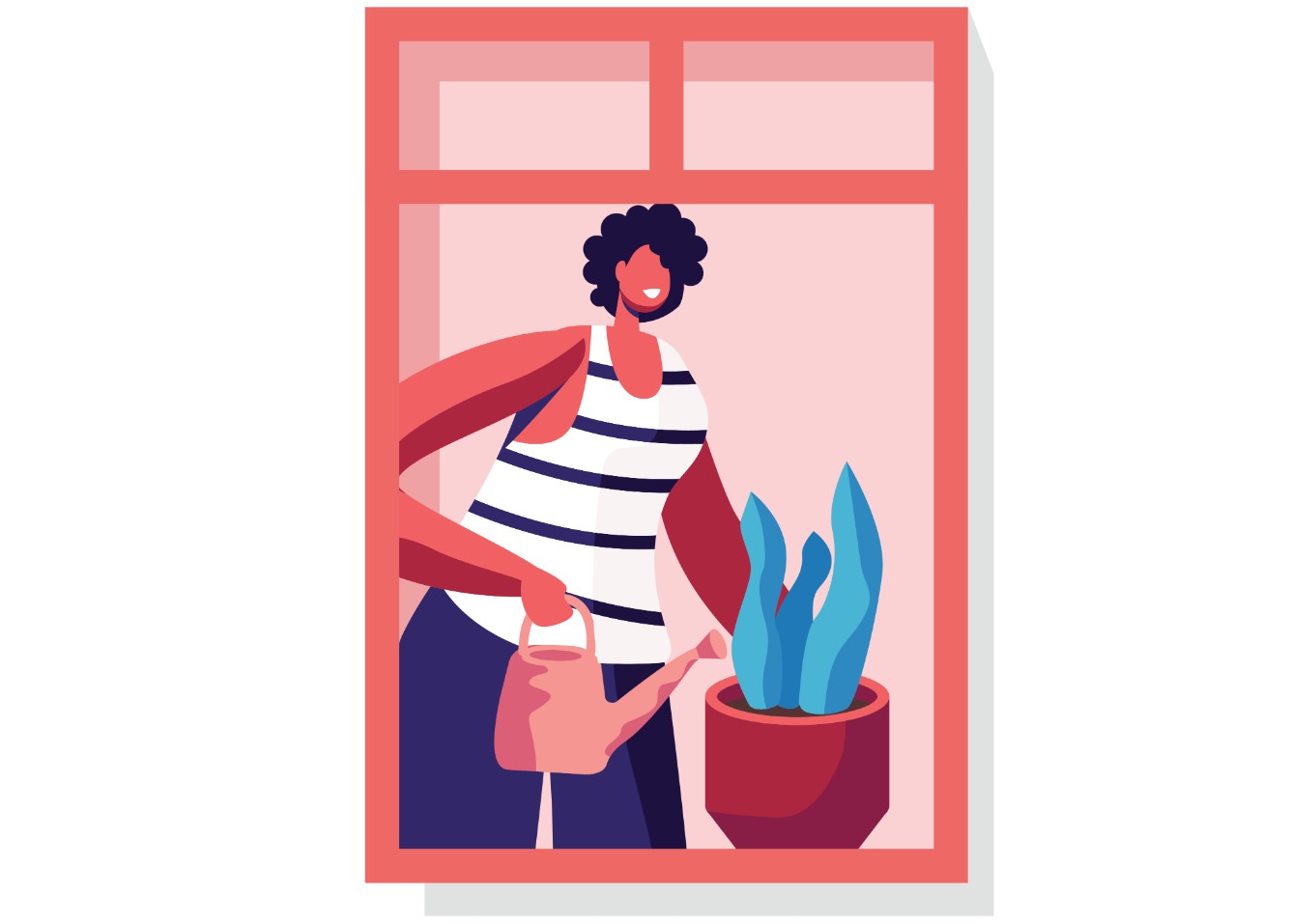 Illustration of woman watering a plant by the window.