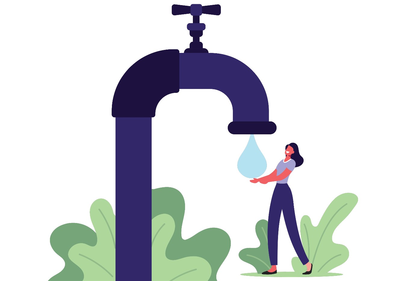 Illustration of a woman holding a drop of water that is falling from a tap.