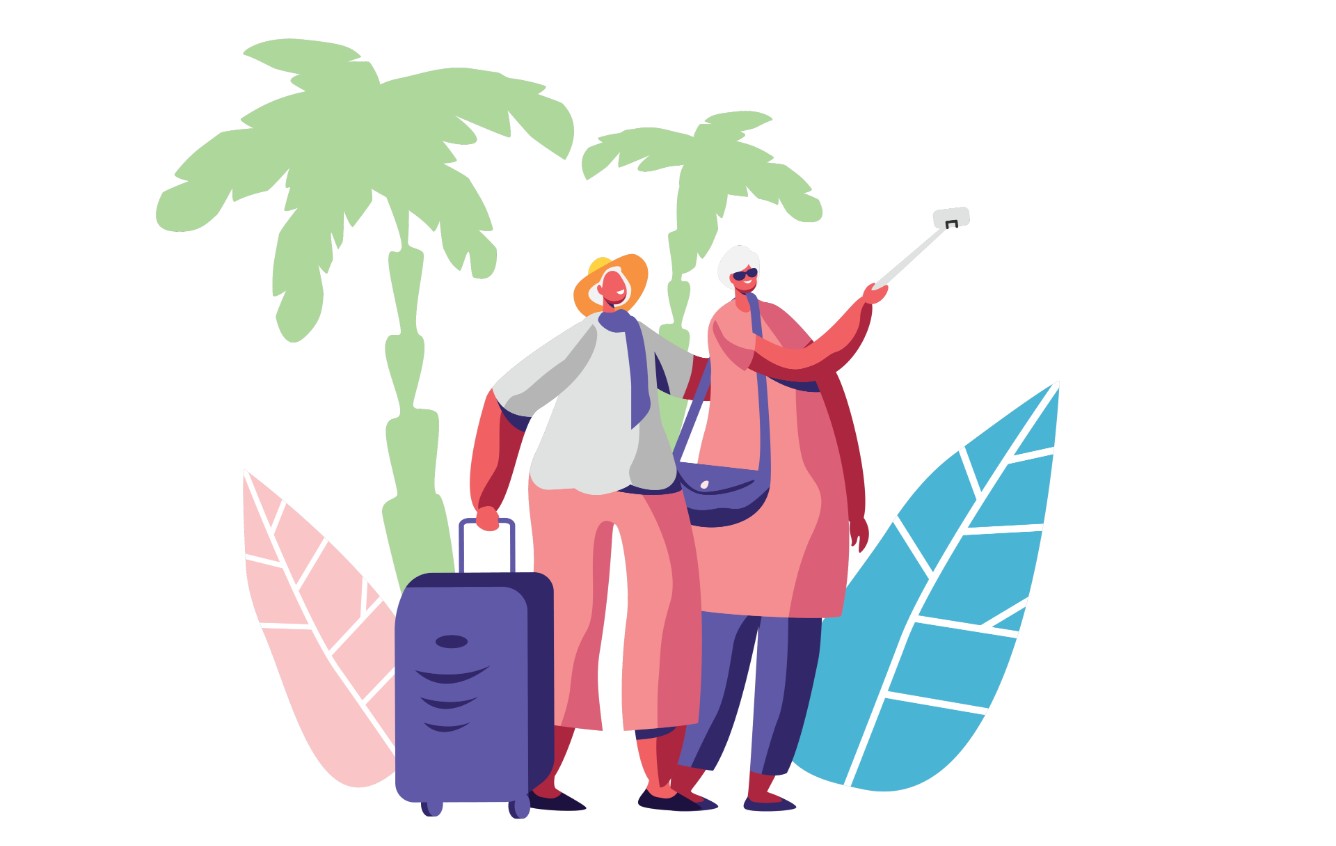 Illustration of two persons with a large suitcase, taking a picture.