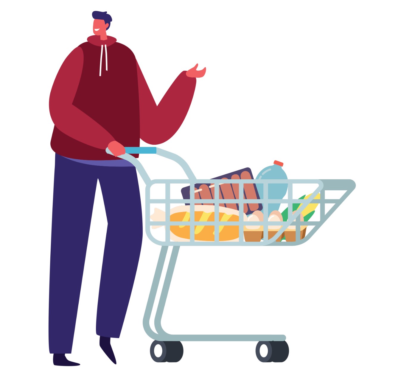 Illustration of man with a full shopping cart.