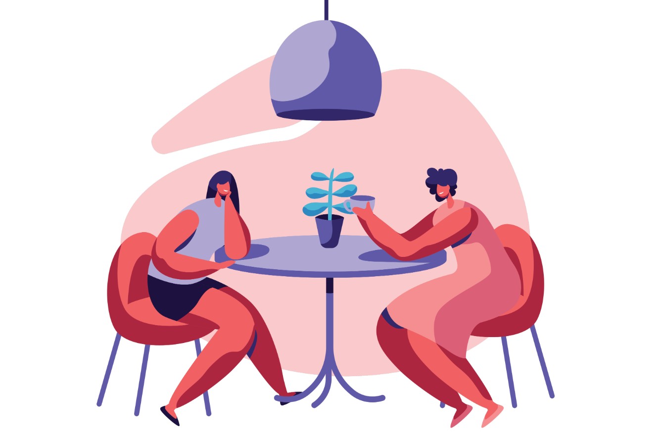 Ilustração de duas mulheres sentadas à mesa a conversar.