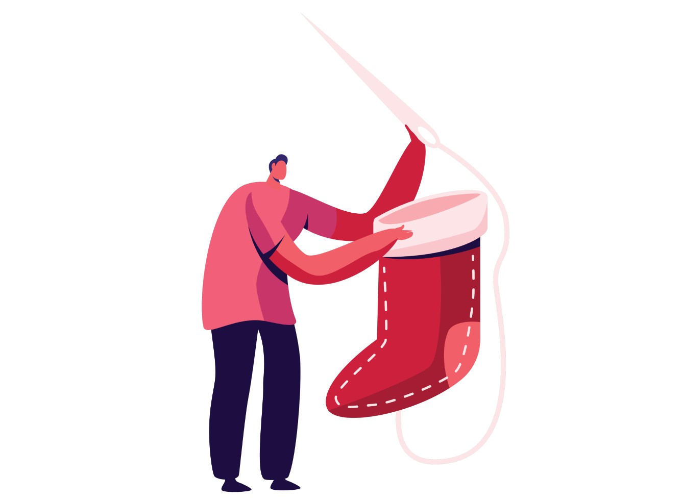 Illustration of man sewing a Christmas stocking.