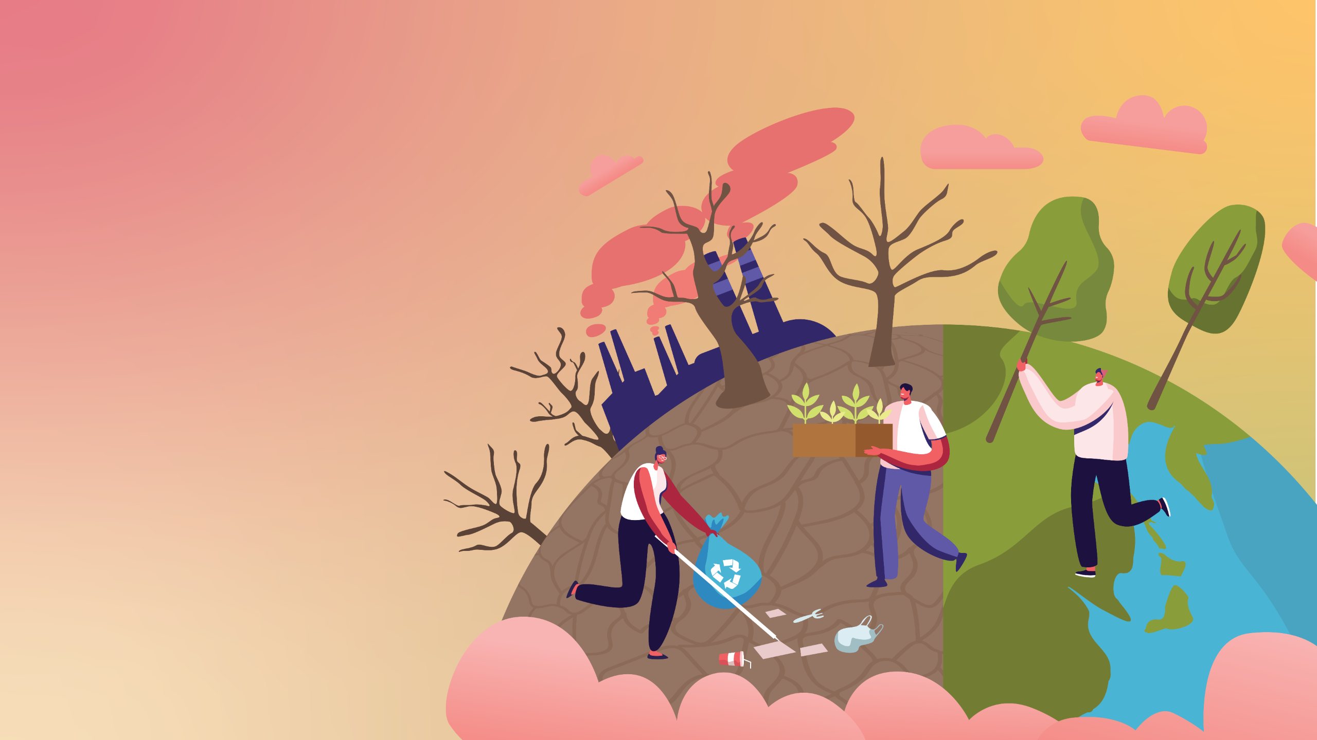 Illustration of people taking care of a planet divided in two: half with dead trees, rubbish on the ground and a factory emitting polluting gases; the other half clean and with green trees.