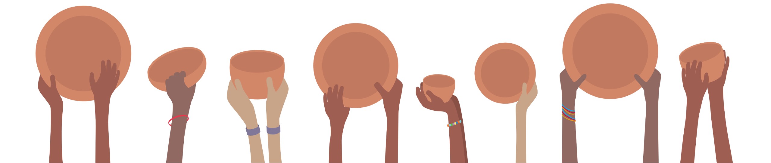 Illustration of hands holding empty plates and bowls.