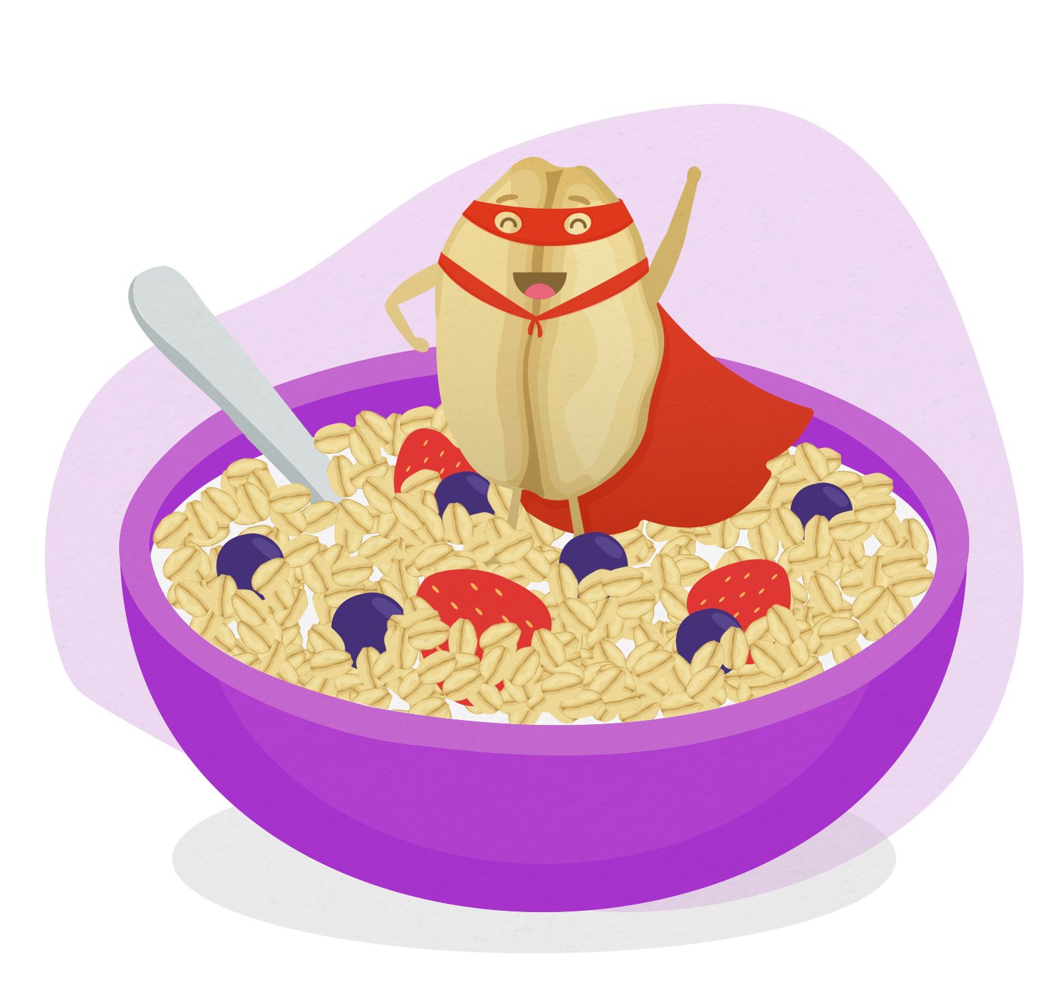Illustration of a bowl of porridge with an oat flake wearing a superhero suit.